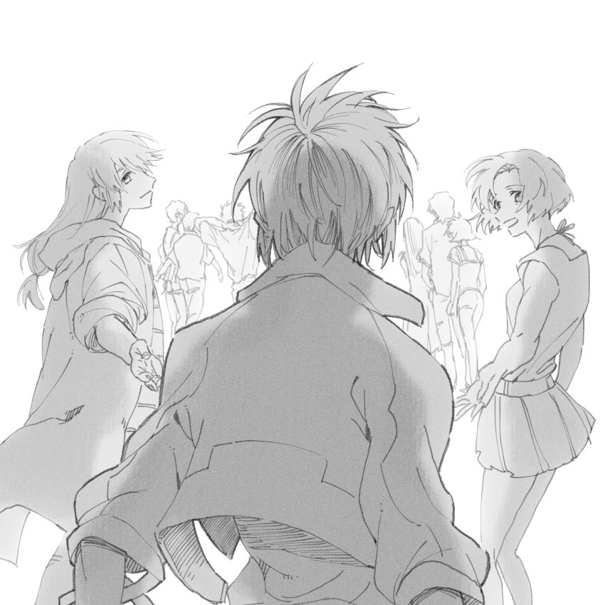 4girls, 5boys, canon_memphis, from_behind, greyscale, hazama_shouko, hood, hooded_jacket