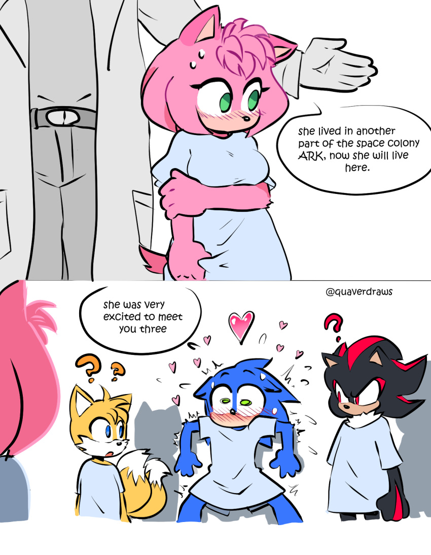 1girl, 3boys, ?, ??, against_wall, alternate_universe, amy_rose, animal_nose, averting_eyes, black_fur, blue_fur, blush, body_fur, clothes_grab, coat, confused, eyelashes, flying_sweatdrops, fox_boy, furry, furry_female, furry_male, green_eyes, hand_on_own_arm, hedgehog_boy, hedgehog_girl, highres, hospital_gown, lab_coat, looking_at_another, looking_to_the_side, multiple_boys, nervous_sweating, pink_fur, quaverdraws, red_eyes, red_streaks, shadow_the_hedgehog, shy, sonic_(series), sonic_the_hedgehog, sweat, tails_(sonic), trembling, twitter_username, white_coat, yellow_fur