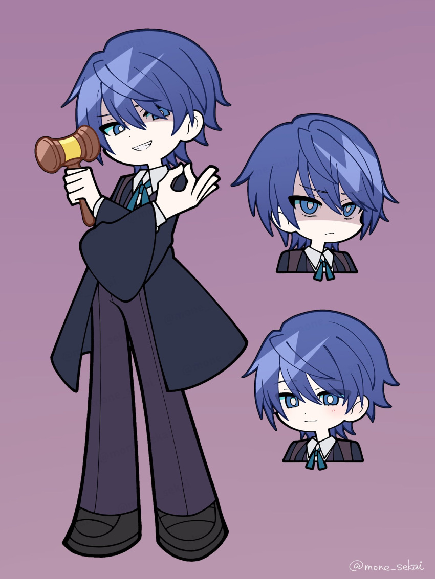 1boy, akutoku_no_judgement_(vocaloid), black_shoes, blue_eyes, blue_hair, blush, bright_pupils, clenched_teeth