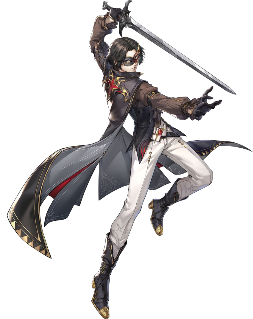 1boy, artist_request, black_gloves, black_hair, boots, cape, eye_mask, full_body