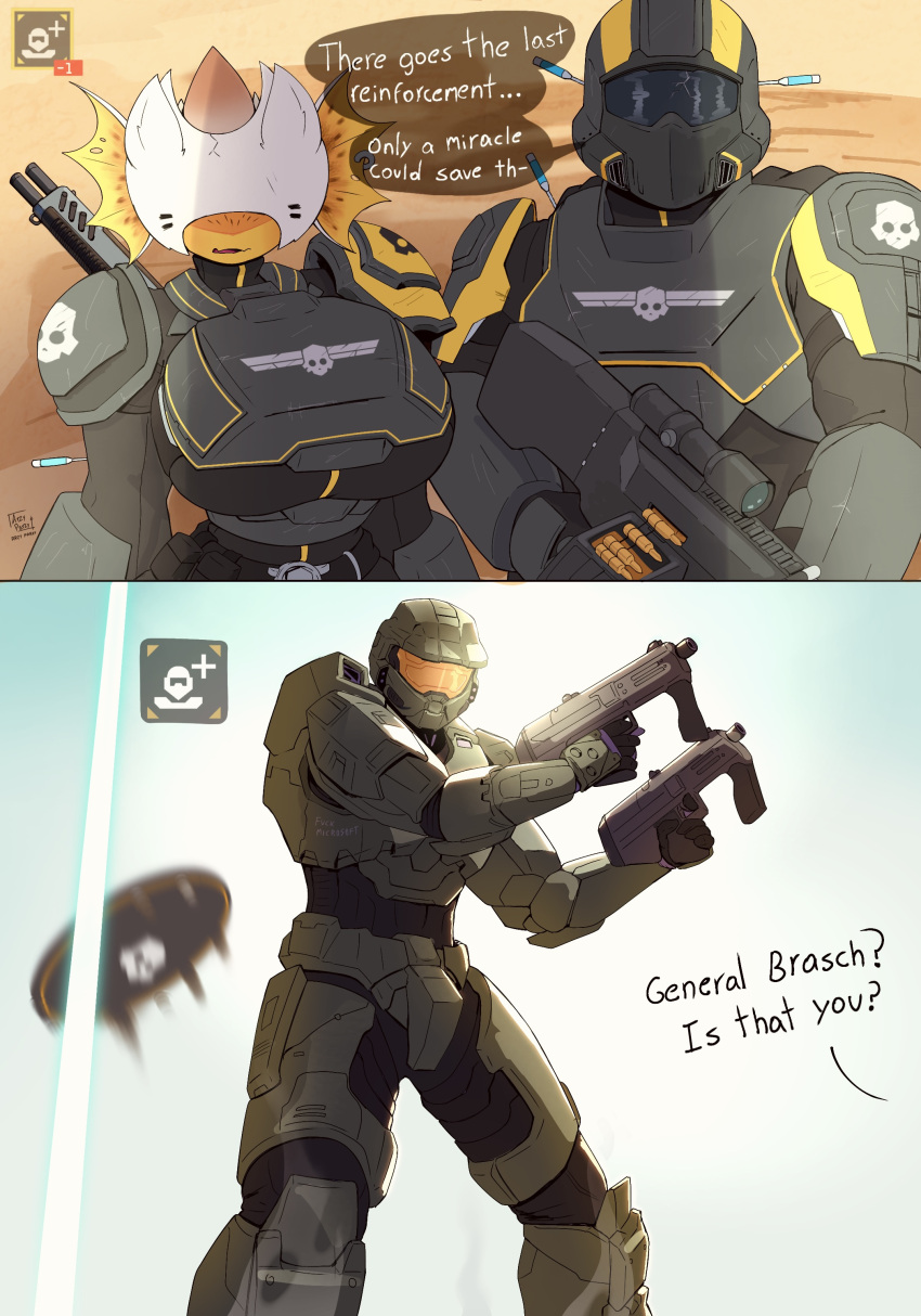 1girl, 2boys, absurdres, armor, artist_name, arzyparzy, assault_visor, black_visor, blue_sky, breasts, bulletproof_vest, cape, commentary, cracked_visor, crossover, dual_wielding, english_commentary, english_text, furry, furry_female, gun, halo, halo_(series), helldiver_(helldivers), helldivers_(series), helmet, highres, holding, hunter_(helldivers), large_breasts, m7, machine_gun, master_chief, multiple_boys, orange_visor, pauldrons, power_armor, shoulder_armor, skull, sky, speech_bubble, submachine_gun, syringe, weapon