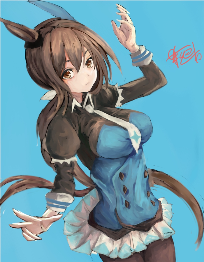 1girl, admire_vega_(starry_nocturne)_(umamusume), admire_vega_(umamusume), animal_ears, blue_background, blue_dress, brown_eyes, brown_hair