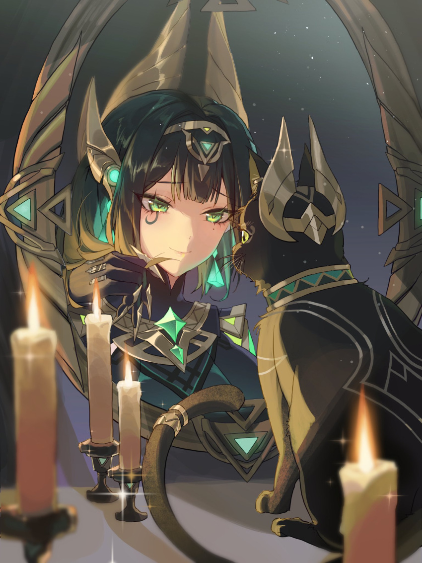 1girl, ancient_egyptian_clothes, ashru_(genshin_impact), black_gloves, candle, cat, claw_ring, commentary