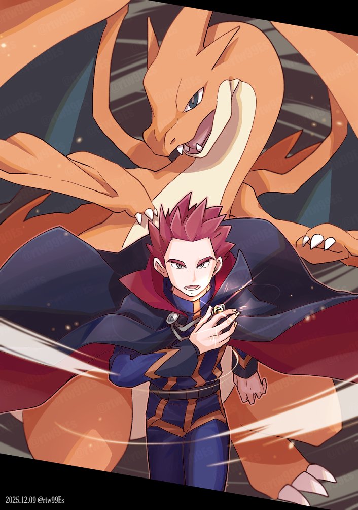 1boy, black_cape, blue_pants, blue_shirt, cape, cape_clasp, charizard, claws