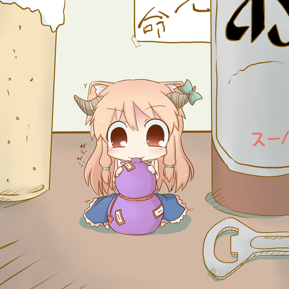 animal_ears, blush, bottle, bottle_opener, cat_ears, chibi, dekasudachin, drinking