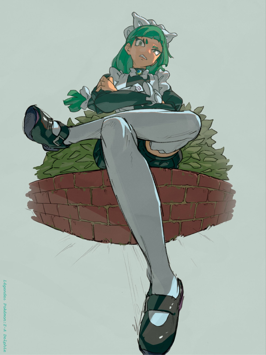 1girl, apron, black_romper, blunt_bangs, bow, bowtie, braid, braided_ponytail, brick_wall, brown_eyes, crossed_arms, crossed_legs, green_hair, highres, juliet_sleeves, lebanne_(pokemon), long_braid, long_hair, long_sleeves, maid, maid_apron, maid_headdress, mega_stone, mumumi, parted_lips, pokemon, pokemon_legends:_z-a, puffy_sleeves, romper, shoes, sitting, solo, thigh-highs, tsurime, white_bow, white_bowtie, white_thighhighs