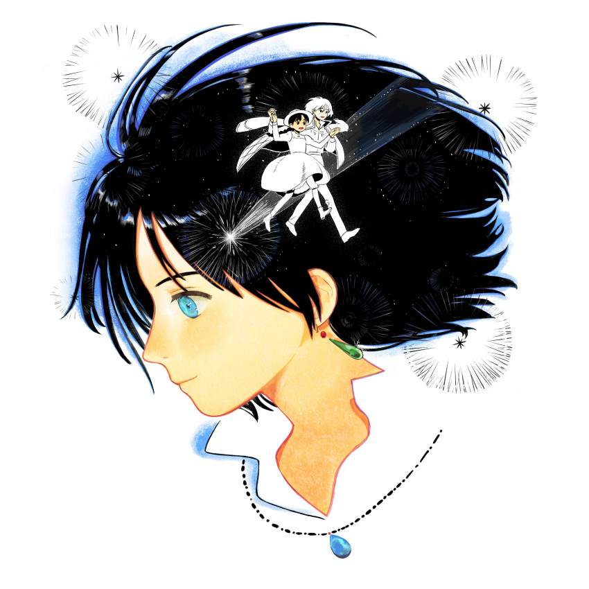 1boy, 1girl, absurdres, black_hair, blue_eyes, blue_gemstone, braid, closed_mouth