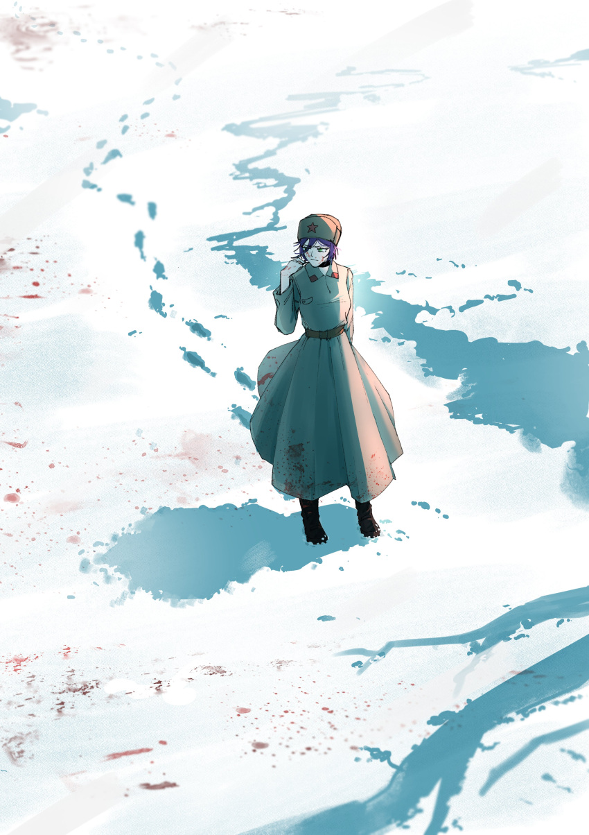 1girl, absurdres, black_boots, blood, blood_on_clothes, blood_on_face, boots, breasts