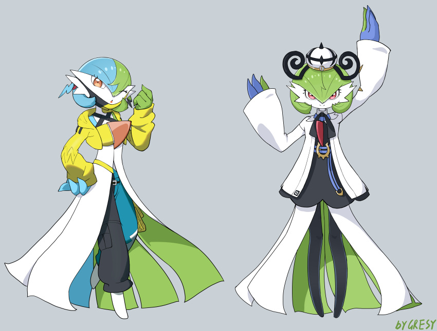 2girls, absurdres, alternate_color, arm_up, artist_name, barefoot, belt, black_dress