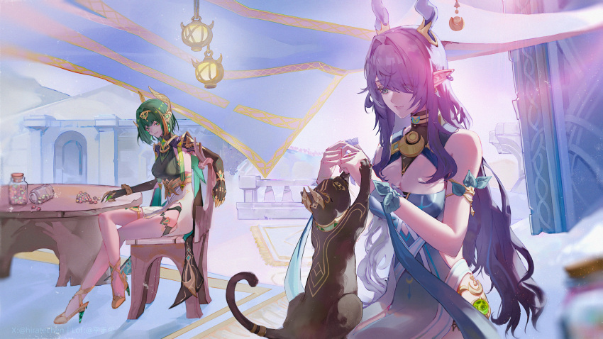 2girls, absurdres, ancient_egyptian_clothes, antlers, armlet, ashru_(genshin_impact), bare_shoulders, black_gloves