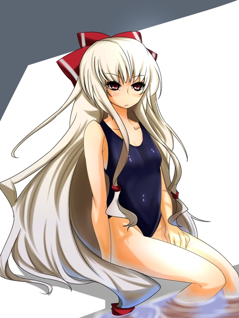 feet_in_water, fujiwara_no_mokou, isogai_yuuji, long_hair, one-piece_swimsuit, pool, poolside, red_eyes, school_swimsuit, sitting, soaking_feet, solo, swimsuit, touhou, very_long_hair, water, white_hair
