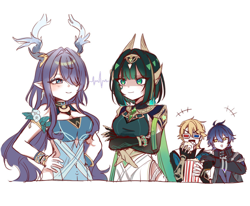 2boys, 2girls, 3d_glasses, ahoge, ancient_egyptian_clothes, antlers, armlet, arms_under_breasts, black_coat, black_gloves, blonde_hair, blue_dress, blue_eyes, bracelet, breasts, claw_ring, coat, crescent, crossed_arms, dress, ear_covers, eating, elbow_gloves, facial_mark, flins_(genshin_impact), food, gem, genshin_impact, gloves, green_eyes, green_gemstone, green_hair, hair_between_eyes, hair_over_one_eye, hairband, hands_on_own_hips, hashtag-only_commentary, headgear, highres, horns, jewelry, large_breasts, lauma_(genshin_impact), lightning_glare, long_hair, looking_at_another, mole, mole_under_eye, multiple_boys, multiple_girls, nefer_(genshin_impact), pointy_ears, popcorn, purple_hair, short_hair, smile, sosii_79, upper_body, varka_(genshin_impact), white_background, yellow_eyes