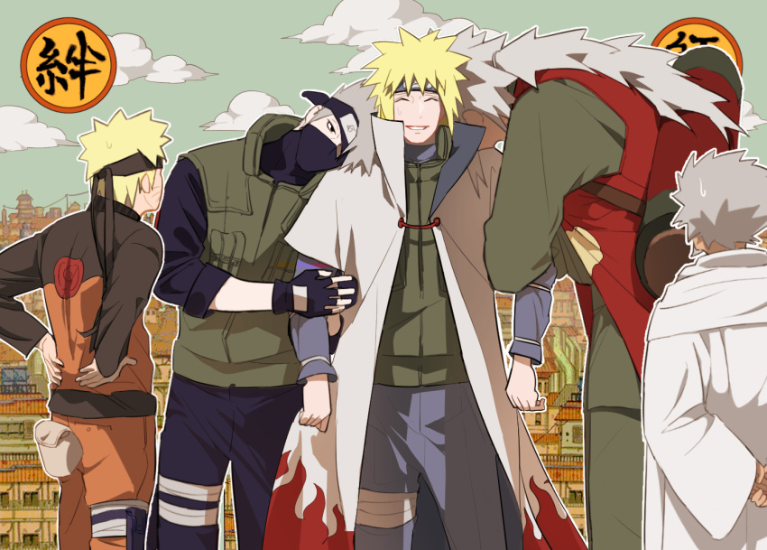 5boys, bandaged_leg, bandages, black_gloves, black_headband, black_mask, black_pants, black_shirt