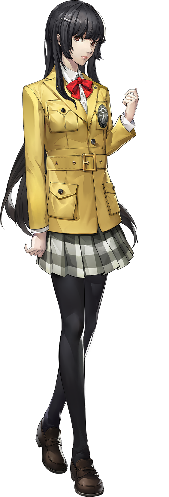 1girl, artist_request, black_hair, black_pantyhose, brown_eyes, brown_shoes, full_body, highres, kokatsu_academy_school_uniform, official_art, pantyhose, persona, persona_5, persona_5:_the_phantom_x, red_ribbon, ribbon, school_uniform, shoes, skirt, solo, striped_clothes, striped_skirt, tanemura_riko, third-party_source, transparent_background