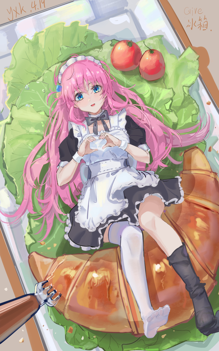 1girl, above-cleavage_cutout, absurdres, alternate_costume, apron, asymmetrical_legwear, black_dress, black_socks