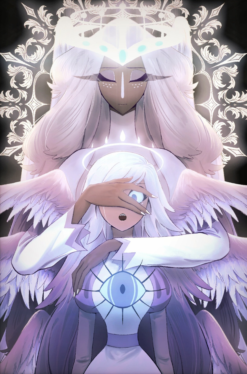 2girls, angel, angel_wings, blue_sclera, closed_eyes, colored_sclera, colored_skin, covering_another's_eyes, dress, emily_(hazbin_hotel), feathered_wings, freckles, glowing, glowing_halo, grey_skin, halo, hazbin_hotel, hellaverse, highres, hug, hug_from_behind, i1i1i1i1i1, long_eyelashes, long_hair, looking_at_viewer, multiple_girls, multiple_wings, open_mouth, puffy_short_sleeves, puffy_sleeves, sera_(hazbin_hotel), short_sleeves, single_tear, third_eye_on_chest, very_long_hair, wavy_hair, white_nails, wings