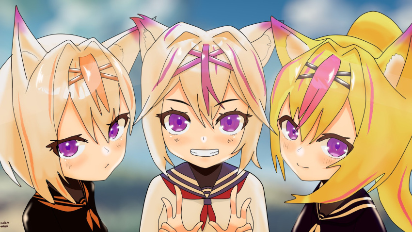 1girl, 2boys, animal_ear_fluff, animal_ears, black_sailor_collar, black_shirt, blonde_hair, blue_sailor_collar, blush, cat_boy, cat_ears, cat_girl, closed_mouth, commentary, english_commentary, eyelashes, filian_(vtuber), grin, hair_between_eyes, hair_intakes, highres, indie_virtual_youtuber, kendomurft, kimi_artsenpai, long_hair, multicolored_hair, multiple_boys, neckerchief, orange_hair, orange_neckerchief, orange_sailor_collar, pink_hair, ponytail, purple_hair, red_neckerchief, rekson, rindo_(vrchat), sailor_collar, shirt, smile, streaked_hair, teeth, trait_connection, two-tone_hair, violet_eyes, virtual_youtuber, white_hair, white_neckerchief, white_shirt