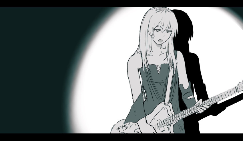 1girl, arm_warmers, commentary_request, electric_guitar, fender_jazzmaster, girls_band_cry, grcr_pometa1118, greyscale