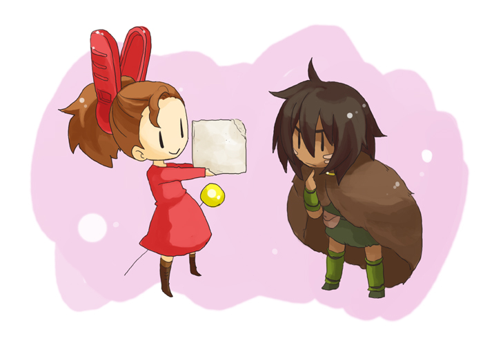 15-jam, 1boy, 1girl, :>, arm_warmers, arrietty, black_hair, boots