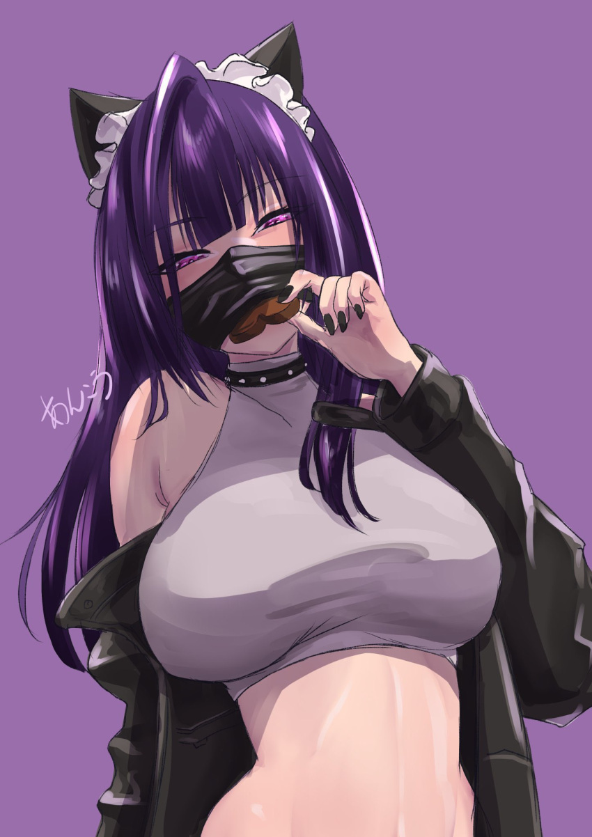 1girl, animal_ears, ankoh, black_hair, black_nails, breasts, cat_ears, goddess_of_victory:_nikke, highres, jacket, large_breasts, long_hair, looking_at_viewer, maid_headdress, mask, mouth_mask, pantyhose, purple_hair, sin_(backstreet_dream)_(nikke), sin_(nikke), violet_eyes