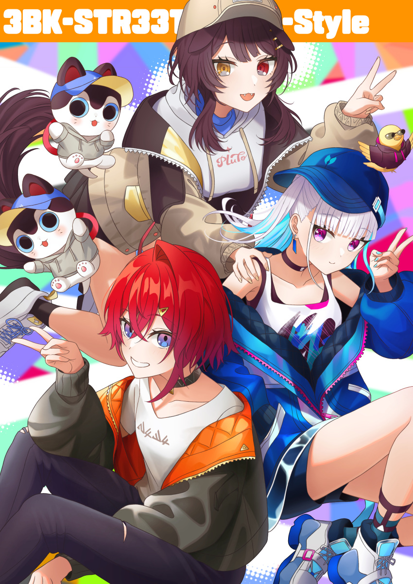 3girls, :3, :d, absurdres, ange_katrina, ange_katrina_(5th_costume), animal, aqua_socks, arm_between_legs, banken_(inui_toko), baseball_cap, bird, black_choker, black_hoodie, black_skirt, black_socks, blue_eyes, blue_hair, blue_hat, blue_jacket, blue_nails, blue_shorts, blunt_bangs, breasts, brown_hair, brown_hat, brown_jacket, brown_tail, choker, closed_mouth, clothed_animal, clothes_writing, collarbone, colored_inner_hair, colorful_background, commentary_request, creature, crossed_bangs, dicotyle_dons, dog_girl, dog_tail, earrings, ears_down, ears_through_headwear, english_commentary, english_text, eyelashes, fanged_bangs, fangs, gradient_eyes, grey_hoodie, grey_jacket, grin, group_name, hair_between_eyes, hair_ornament, hairclip, hand_on_another's_shoulder, hand_up, hat, heterochromia, highres, hood, hoodie, inui_toko, inui_toko_(hoodie), jacket, jewelry, lize_helesta, lize_helesta_(8th_costume), long_hair, long_sleeves, looking_at_viewer, medium_breasts, miniskirt, mixed-language_commentary, multicolored_eyes, multicolored_hair, multiple_girls, nail_polish, nijisanji, open_clothes, open_jacket, orange_jacket, pants, partially_open_jacket, pendant_choker, pleated_skirt, puffy_long_sleeves, puffy_sleeves, purple_pants, red_eyes, red_hair, sanbaka_(nijisanji), sebastian_piyodore, shirt, shoes, short_hair, shorts, sideways_hat, single_hair_intake, single_off_shoulder, sitting, skirt, small_breasts, smile, socks, sunglasses, swept_bangs, t-shirt, tail, tank_top, torn_clothes, torn_pants, two-sided_fabric, two-sided_jacket, two-tone_hair, two_side_up, v, violet_eyes, virtual_youtuber, white_hair, white_shirt, white_shoes, white_tank_top, yellow_bird, yellow_eyes