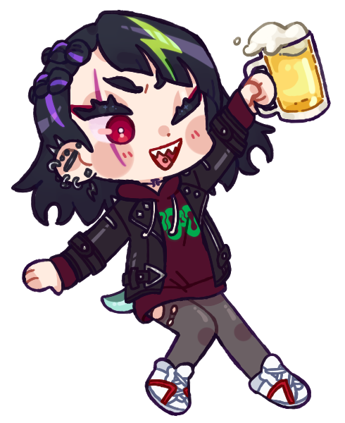 1girl, arm_up, beer_mug, black_hair, black_jacket, blush, blush_stickers, bright_pupils