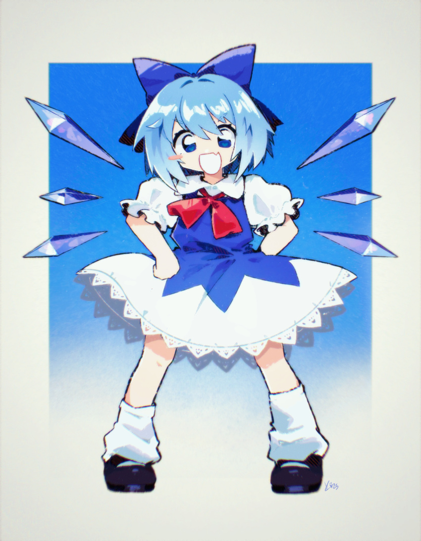 1girl, blue_bow, blue_dress, blue_eyes, blue_hair, blush, bow, cirno