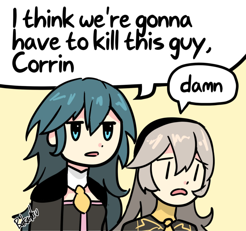 2girls, bakaretsu, blue_eyes, blue_hair, english_text, female_byleth_(fire_emblem), female_corrin_(fire_emblem), fire_emblem, fire_emblem:_three_houses, fire_emblem_fates, fire_emblem_warriors:_three_hopes, frown, grey_hair, highres, i_think_we're_gonna_have_to_kill_this_guy_steven_(meme), long_hair, meme, multiple_girls, open_mouth, sad, signature, simple_background, toon_(style)