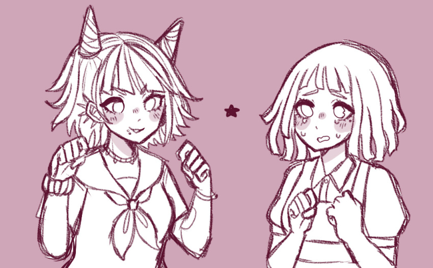 2girls, alternate_hair_length, alternate_hairstyle, apron, artist_name, bayabasss, blush, blush_stickers