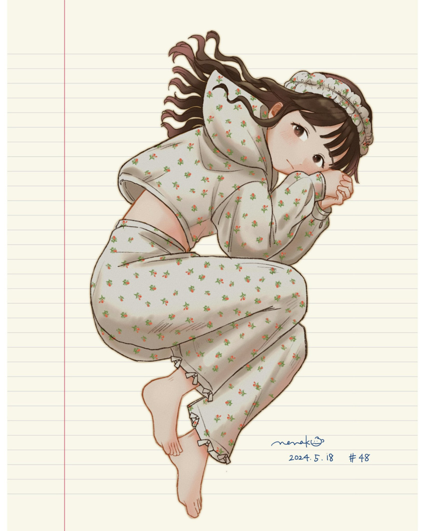 1girl, barefoot, brown_eyes, brown_hair, choppy_bangs, closed_mouth, commentary, dated