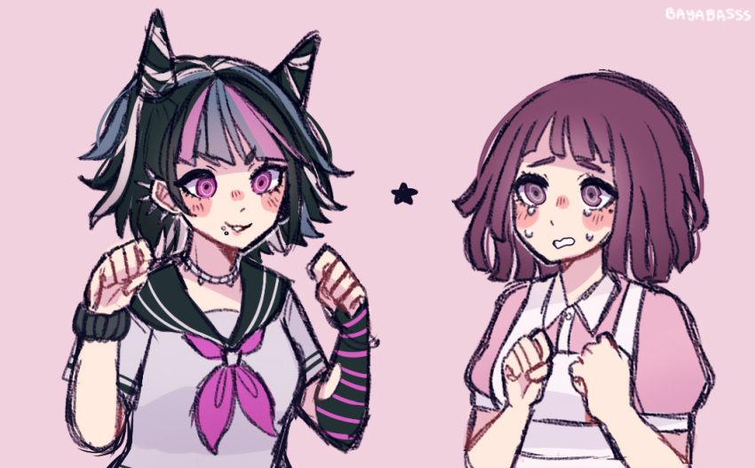 2girls, alternate_hair_length, alternate_hairstyle, apron, artist_name, bayabasss, black_hair, black_sailor_collar, blue_hair, blue_streaks, blush, blush_stickers, collared_shirt, commentary, crying, crying_with_eyes_open, danganronpa_(series), danganronpa_2:_goodbye_despair, ear_piercing, elbow_gloves, english_commentary, eyelashes, face_piercing, fingerless_gloves, gloves, hair_horns, jewelry, mioda_ibuki, mouth_piercing, multicolored_hair, multiple_girls, neckerchief, necklace, piercing, pink_background, pink_eyes, pink_hair, pink_neckerchief, pink_shirt, pink_streaks, purple_hair, sailor_collar, scrunchie, shirt, short_hair, short_sleeves, simple_background, single_elbow_glove, single_fingerless_glove, smile, star_(symbol), streaked_hair, striped_clothes, striped_gloves, tears, tsumiki_mikan, upper_body, violet_eyes, white_apron, white_hair, white_shirt, wrist_scrunchie