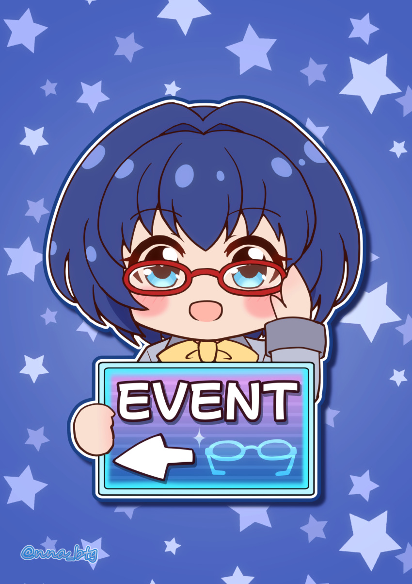 1girl, battle_girl_high_school, blue_background, blue_eyes, blue_hair, bow, chibi, chibi_only