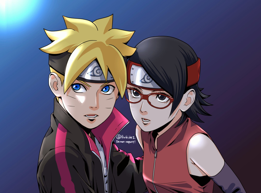 1boy, 1girl, arm_warmers, black_duck, black_eyes, black_hair, black_headband, blonde_hair, blue_background, blue_eyes, boruto:_naruto_next_generations, commentary_request, facial_mark, forehead_protector, glasses, headband, highres, jewelry, konohagakure_symbol, matsu_(fu6ide2), naruto_(series), necklace, open_mouth, red-framed_eyewear, red_headband, twitter_username, uchiha_sarada, uzumaki_boruto, watermark, whisker_markings