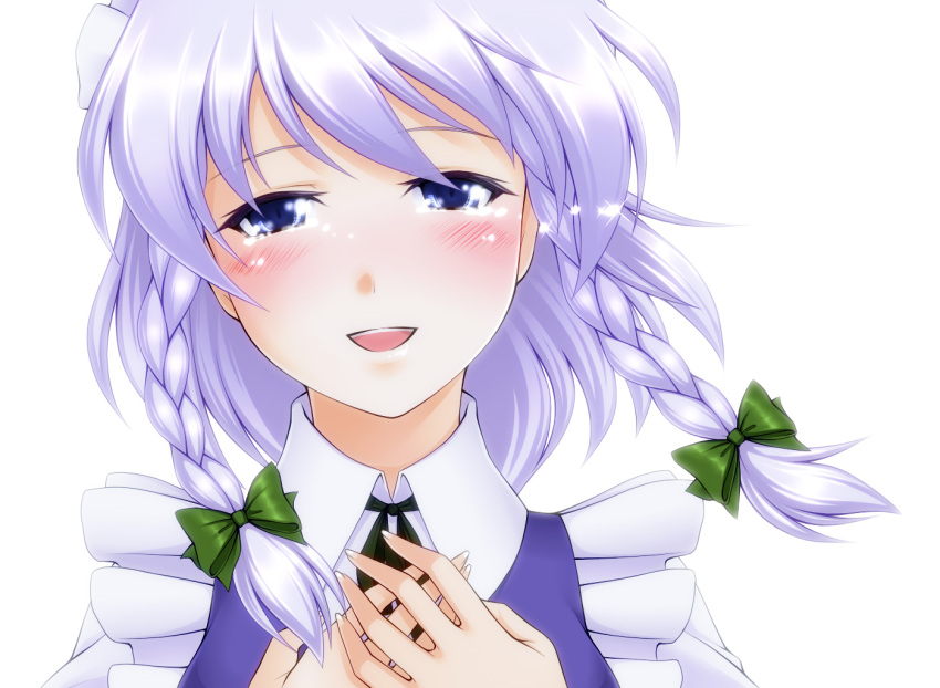 blue_dress, blue_eyes, blush, bow, braid, close-up, confession, dress
