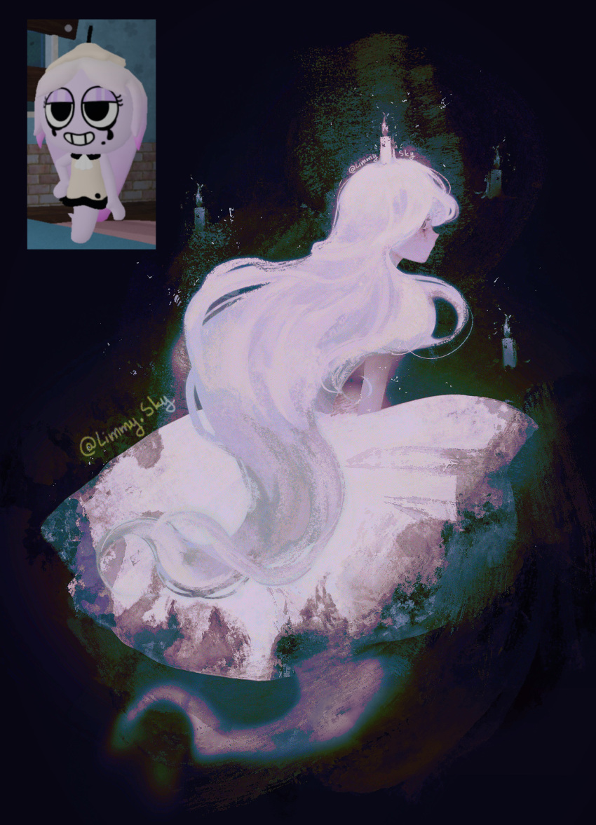1girl, bags_under_eyes, black_background, black_eyes, candle, candle_on_head, commentary, connie_(dandy's_world), connie_(ghastly_glow)_(dandy's_world), dandy's_world, dress, english_commentary, from_behind, full_body, game_screenshot_inset, ghost_tail, highres, humanization, instagram_username, limmysky, long_hair, looking_at_viewer, looking_back, medium_dress, no_mouth, official_alternate_color, official_alternate_costume, profile, puffy_short_sleeves, puffy_sleeves, reference_inset, roblox, screenshot_inset, short_sleeves, simple_background, solo, very_long_hair, wavy_hair, white_dress, white_hair