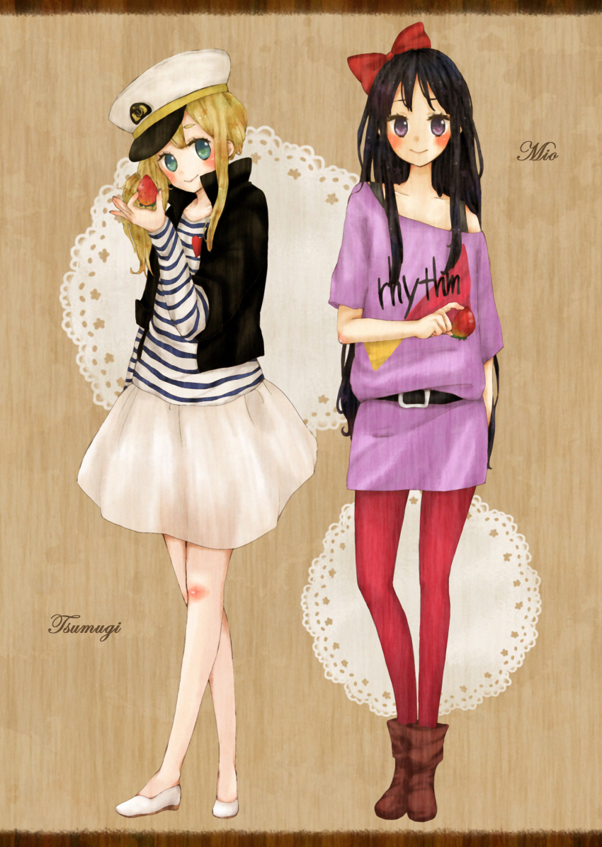 akiyama_mio, bad_id, black_hair, blonde_hair, blush, bow, food, footwear