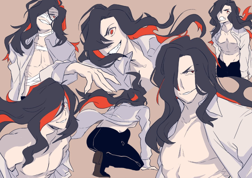 1boy, bandage_over_one_eye, bandaged_chest, bandages, bare_shoulders, black_hair, black_pants, collared_shirt