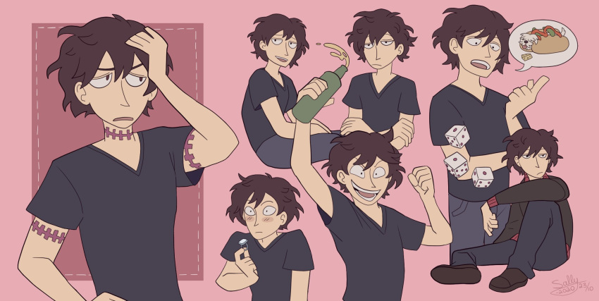 1boy, arm_up, black_shirt, black_shoes, blush, brown_eyes, brown_hair, cheese