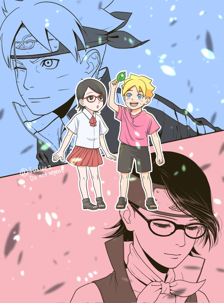 1boy, 1girl, 2boys, 2girls, aged_down, ascot, bandana, bandana_around_neck