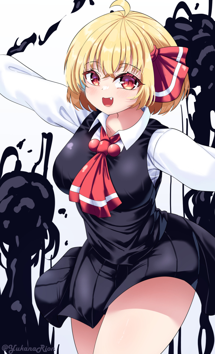 1girl, artist_name, ascot, bare_legs, black_skirt, black_vest, blonde_hair, breasts