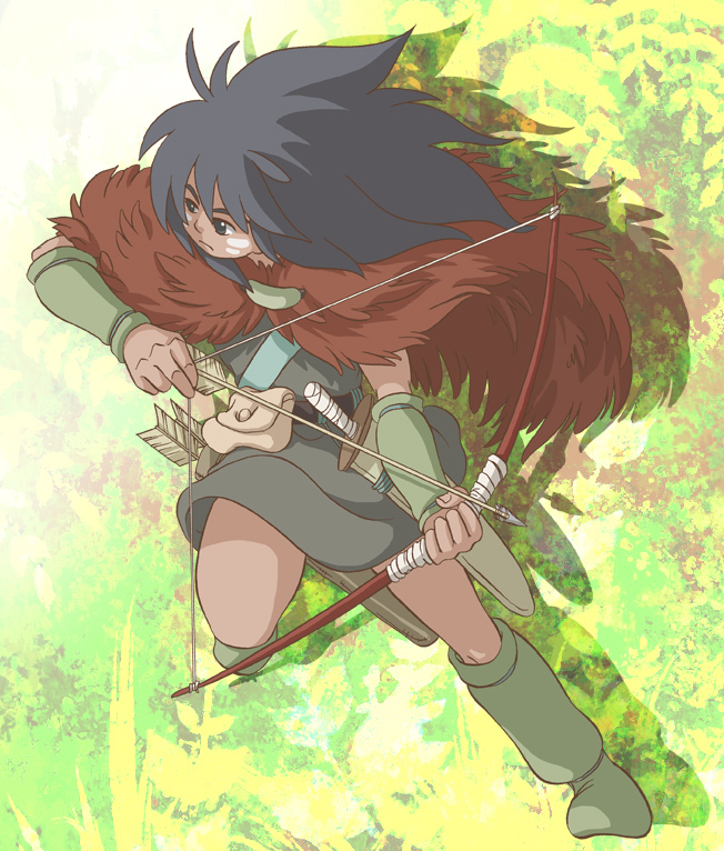 arm_warmers, arrow, black_hair, bow_(weapon), cape, dark_skin, facepaint, ghibli