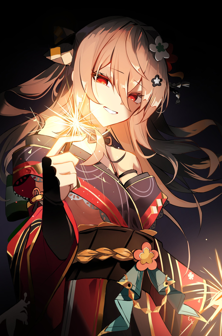 1girl, absurdres, bare_shoulders, black_survival, dark_background, eternal_return:_black_survival, firecrackers, garnet_(black_survival)