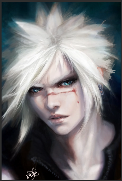 1boy, black_hair, black_shirt, blonde_hair, blood, blood_on_face, blue_eyes, cloud_strife
