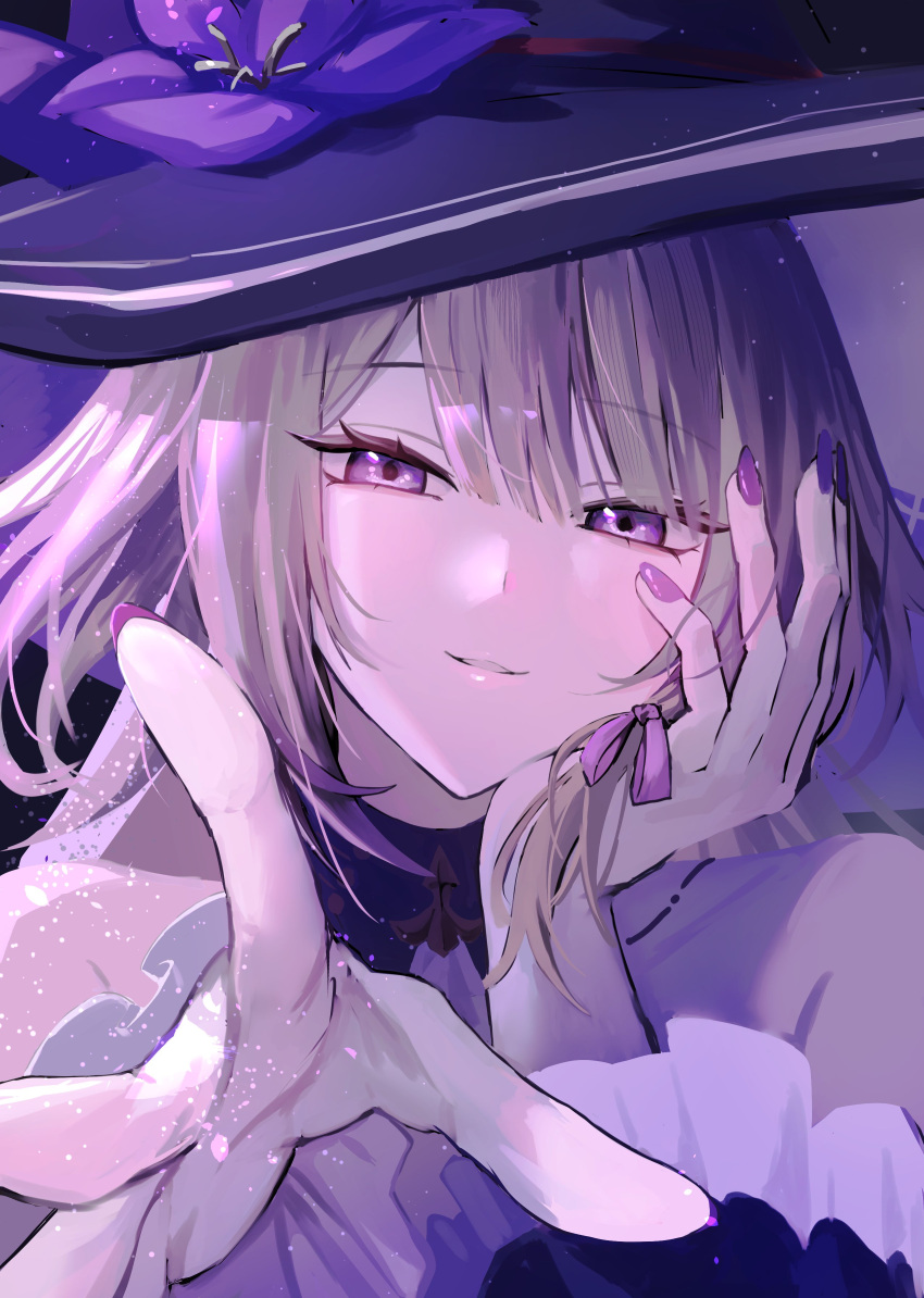 1girl, absurdres, ascot, bare_shoulders, brown_hair, detached_collar, detached_sleeves, flower, hair_ribbon, hand_on_own_face, hashtag-only_commentary, hat, herta_(honkai:_star_rail), highres, honkai:_star_rail, honkai_(series), long_hair, looking_at_viewer, neneneneko, purple_flower, purple_nails, reaching, ribbon, sidelocks, smile, sparkle, the_herta_(honkai:_star_rail), violet_eyes, white_ascot