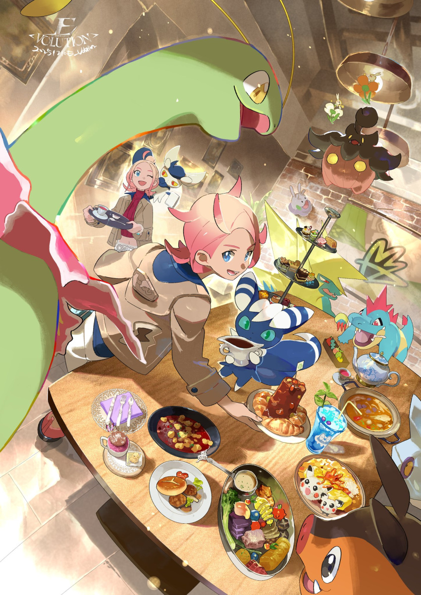 1boy, 1girl, ahoge, antennae, bergmite, berry_(pokemon), blonde_hair, blue_eyes