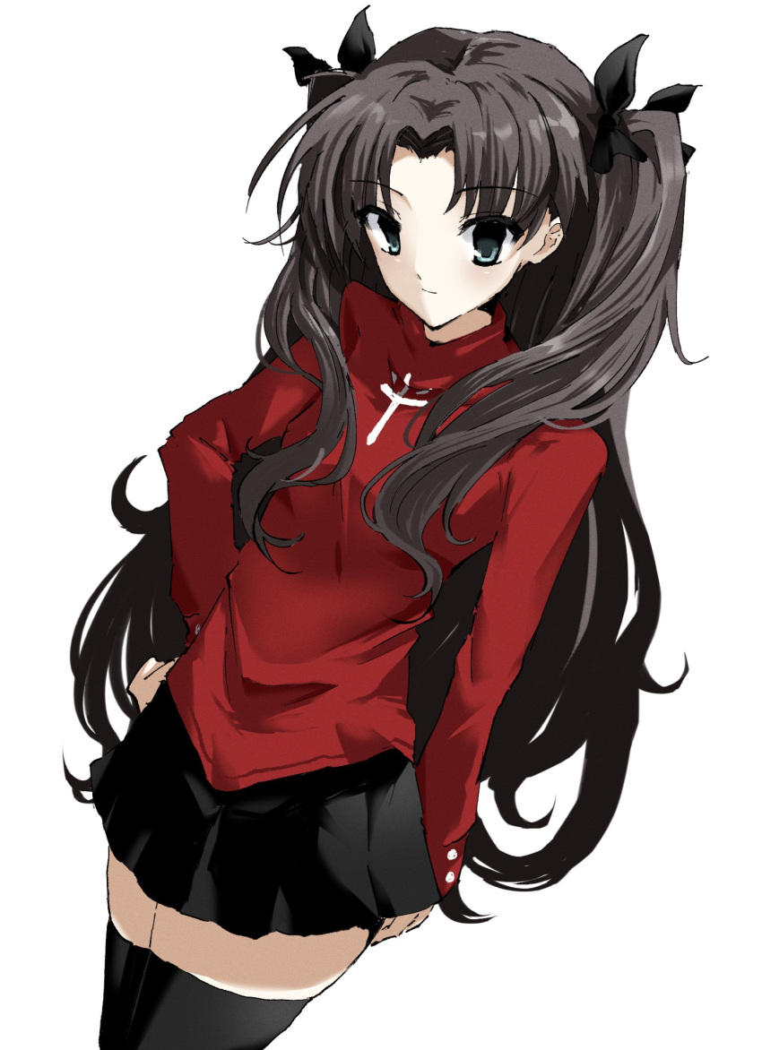 1girl, black_hair, black_skirt, black_thighhighs, blue_eyes, cowboy_shot, fate/stay_night, fate_(series)