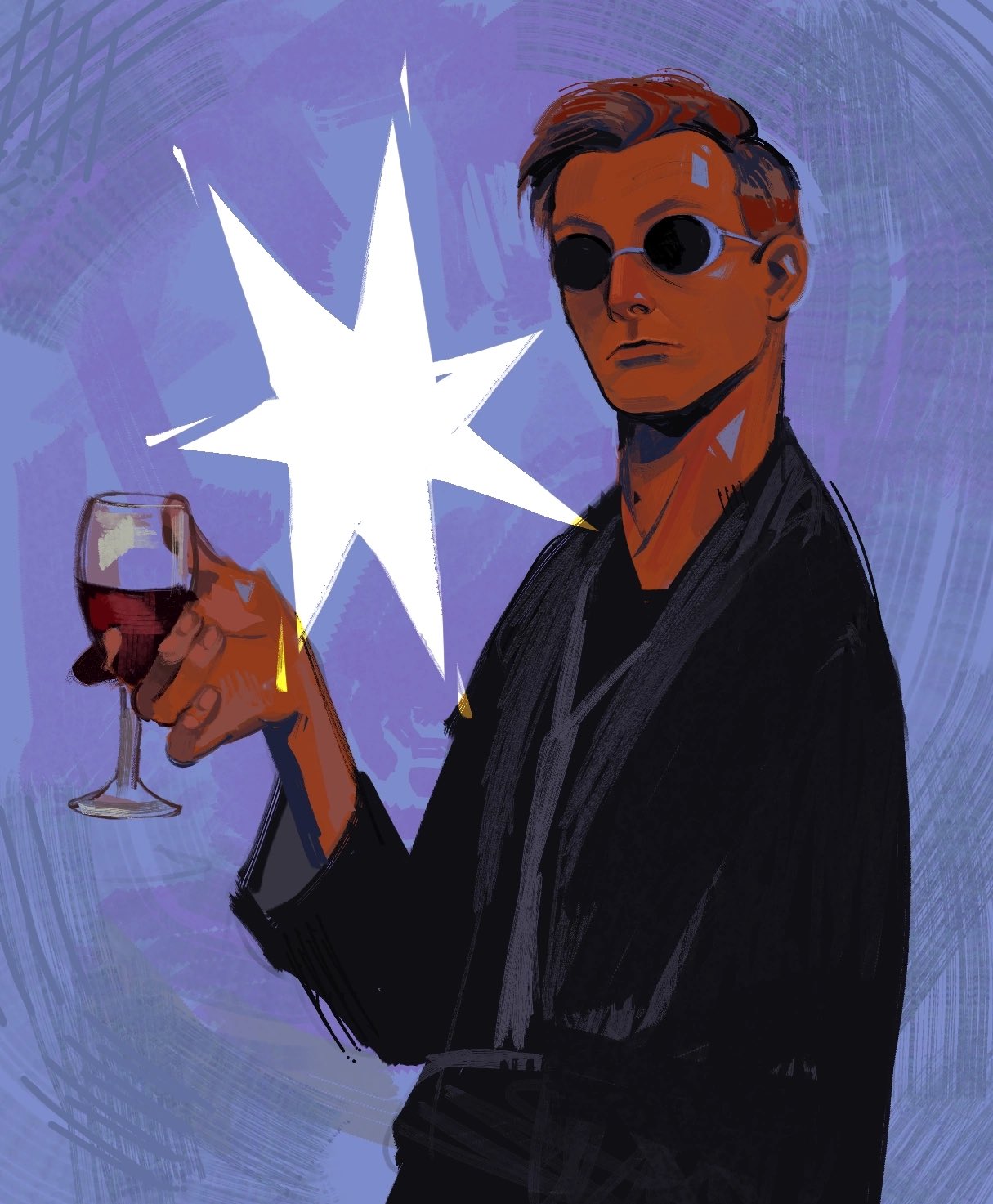 1boy, biajise, black_jacket, crowley_(good_omens), demon_boy, expressionless, glasses, good_omens