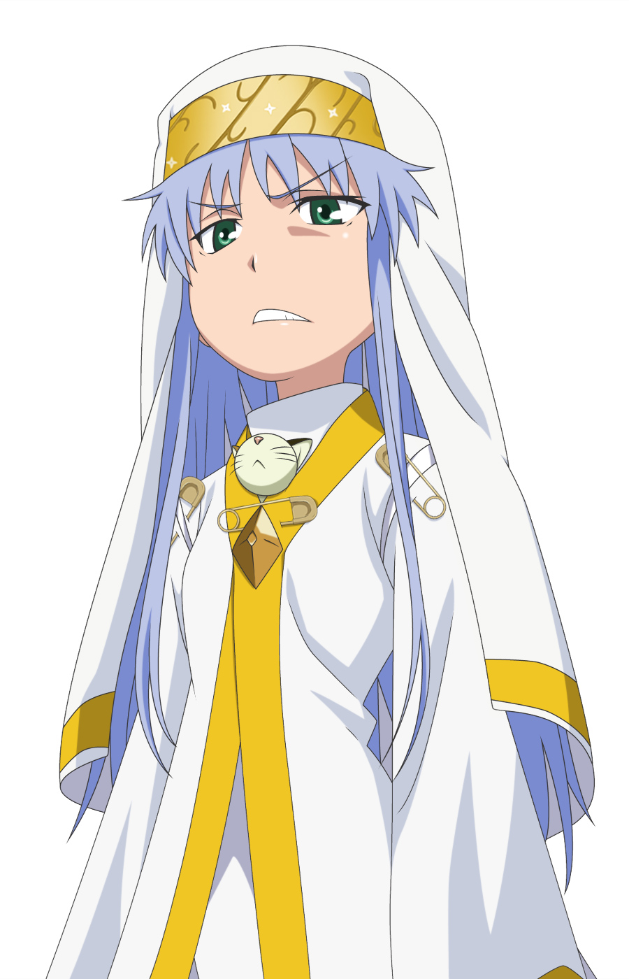 blue_hair, cape, cat, face, green_eyes, habit, highres, index