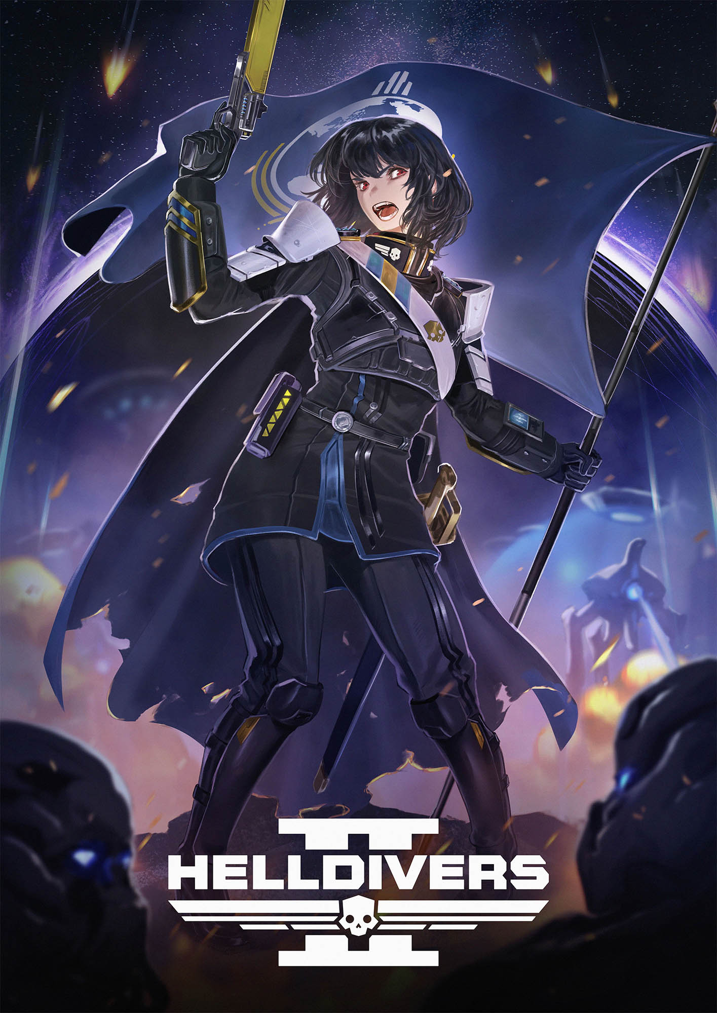 1girl, armor, black_hair, bulletproof_vest, commentary, commission, english_commentary, fire