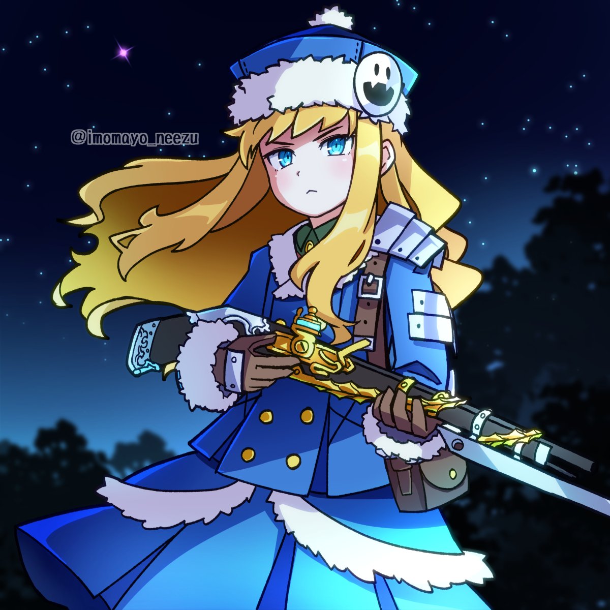 1girl, antique_firearm, armor, blonde_hair, blue_dress, blue_eyes, coat, dress